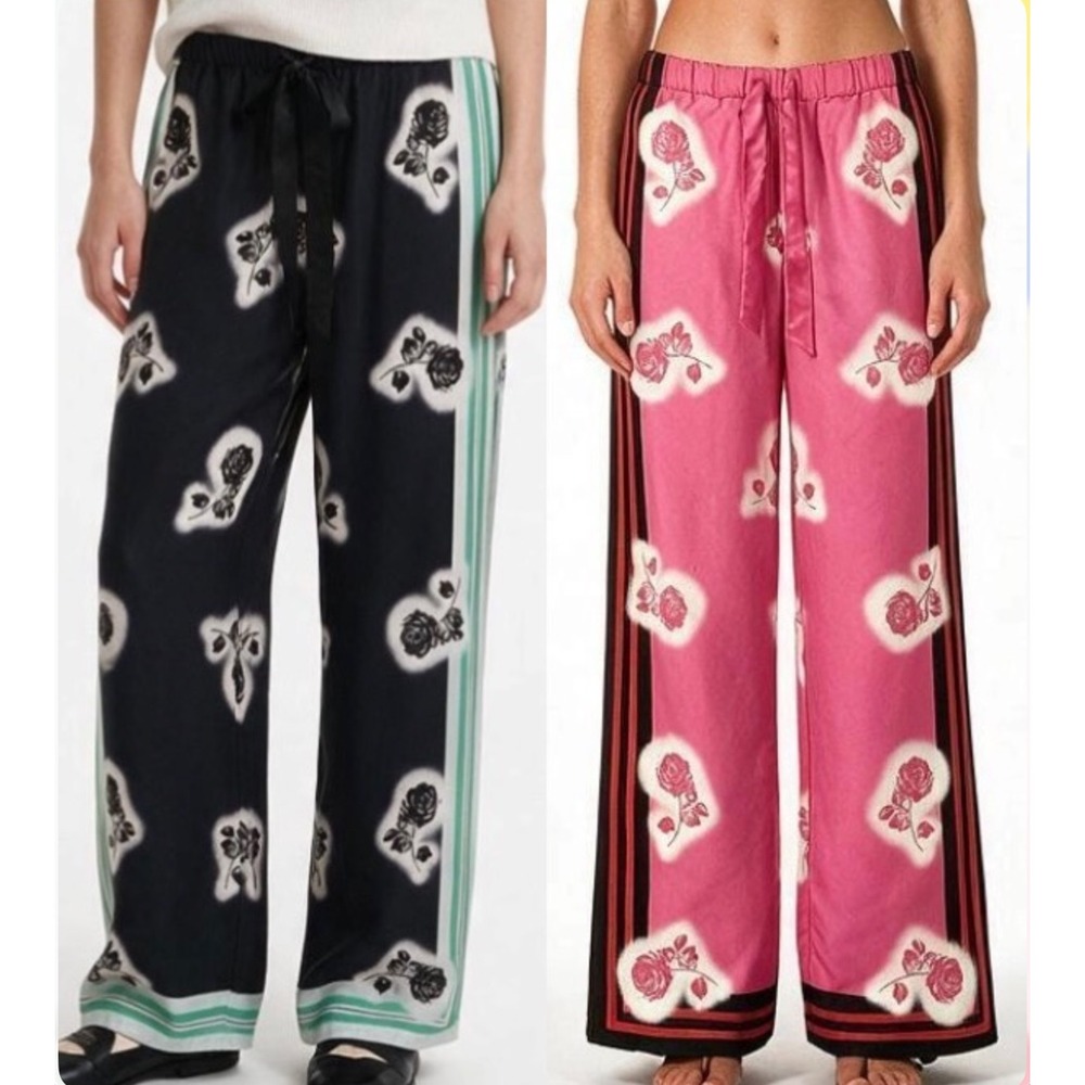 LOT OF 2, Victoria's Secret SATIN LOUNGE PANTS Wide Leg Floral Pink Navy SIZE S